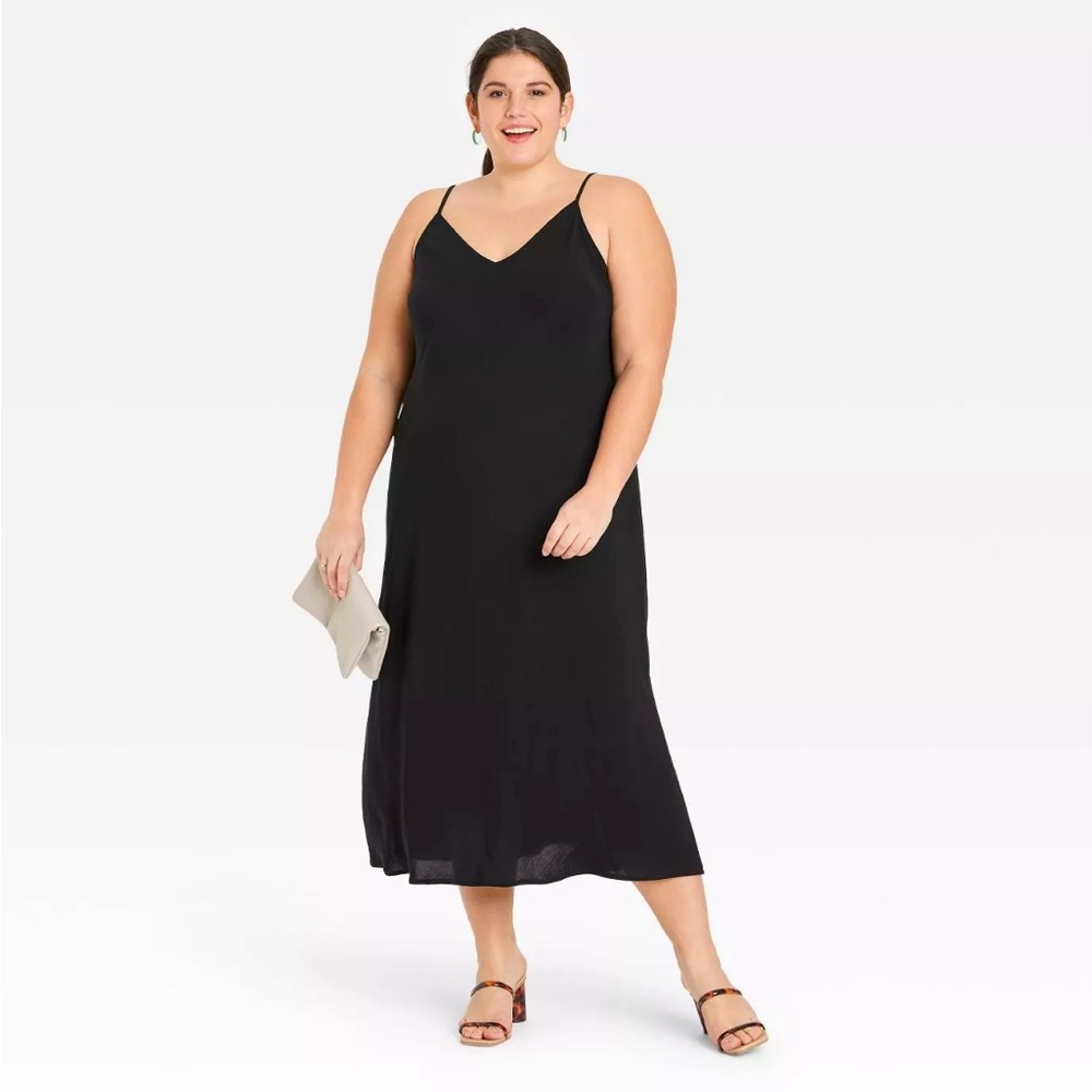 A New Day Black Slip Dress Adjustable Staps V-neck Side Slit Goth Cocktail SzXXL